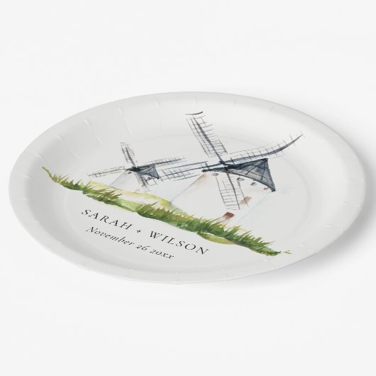 Niedliches Rustikales Windmühle-Thema Hochzeit Pappteller (Schrägansicht)