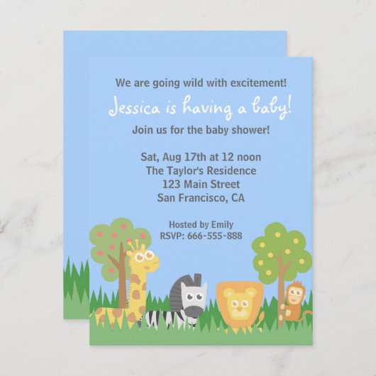 Niedliches Safari Animals Theme Babydusche Party Einladung (Vorne/Hinten)