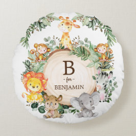 Niedliches Safari Jungle Animals Monogram Baby Kin Rundes Kissen