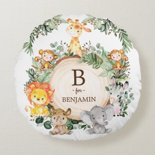 Niedliches Safari Jungle Animals Monogram Baby Kin Rundes Kissen (Vorderseite)