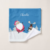 Niedliches Santa & Reindeer individuelle Name Hand Badhandtuch Set (Waschlappen)