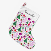 Niedliches Santa und Weihnachten Bäume Wasserfarbe Großer Weihnachtsstrumpf (Vorderansicht (hängend))