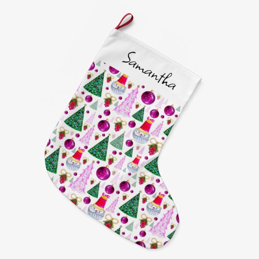 Niedliches Santa und Weihnachten Bäume Wasserfarbe Großer Weihnachtsstrumpf (Vorderansicht (hängend))