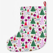 Niedliches Santa und Weihnachten Bäume Wasserfarbe Großer Weihnachtsstrumpf (Rückseite)