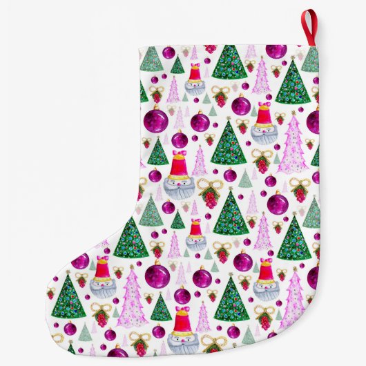 Niedliches Santa und Weihnachten Bäume Wasserfarbe Großer Weihnachtsstrumpf (Rückseite)