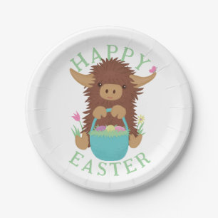 Niedliches, schagiges Hochland-Kuh-Osterkorb-Desig Pappteller