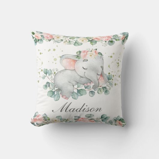 Niedliches Schlafbaby Elephant Rosa Blumengrün Kissen (Vorderseite)