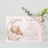 Niedliches Schlafbärenmoon Blush Bloral Baby Dusch Save The Date (Stehend Vorderseite)