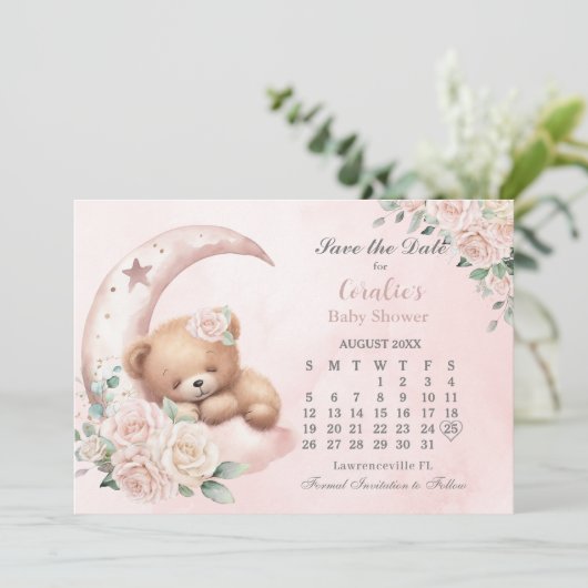 Niedliches Schlafbärenmoon Blush Bloral Baby Dusch Save The Date (Stehend Vorderseite)