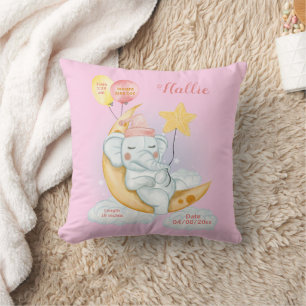 Niedliches Schlafen Baby Elephant Birth Stats Pink Kissen