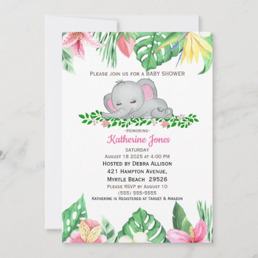 Niedliches Schlafen Baby Elephant Tropical Blume Einladung (Vorderseite)