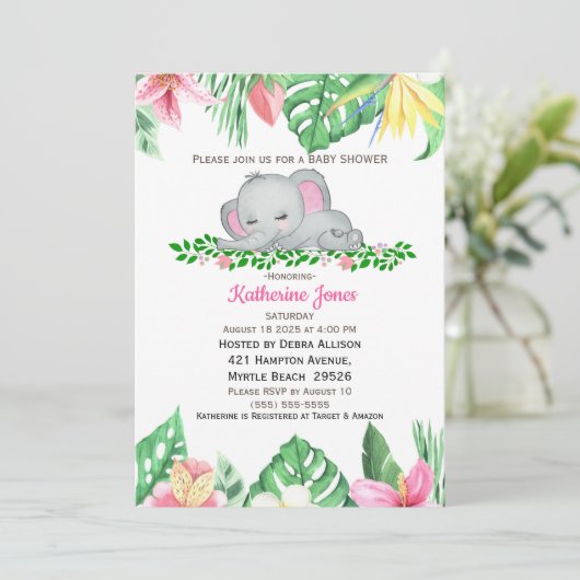 Niedliches Schlafen Baby Elephant Tropical Blume Einladung (Stehend Vorderseite)