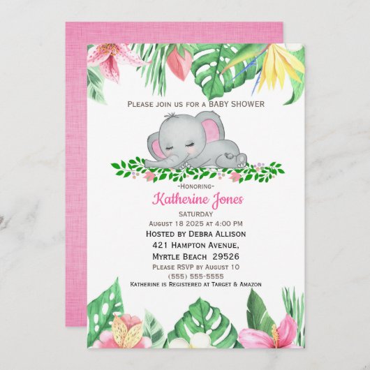 Niedliches Schlafen Baby Elephant Tropical Blume Einladung (Vorne/Hinten)
