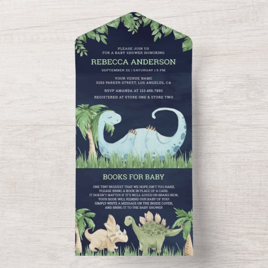 Niedliches Schlafen Dinosaur Navy Blue Baby Dusche All In One Einladung (Innen Boden)