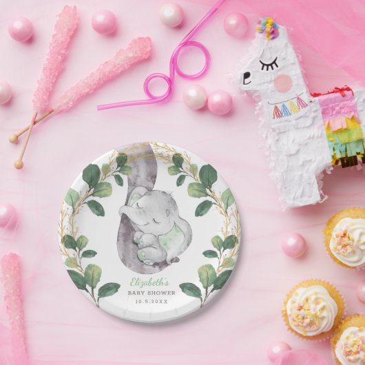Niedliches Schlafen Elefantengrün Gold Baby Dusche Pappteller (Party)