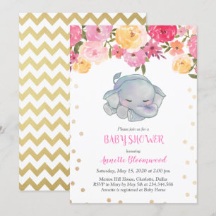 Niedliches Schlafen Elephant Pink Floral Baby Dusc Einladung