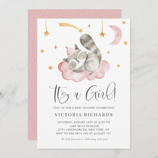 Niedliches Schlafen Raccoon Pink Es ist eine Girl Einladung (Vorne/Hinten)