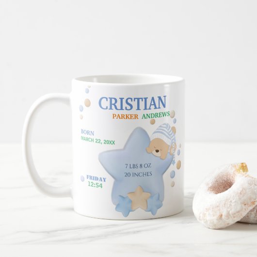 Niedliches Schlafen Teddy Bear Baby Boy Birth Stat Kaffeetasse (Mit Donut)