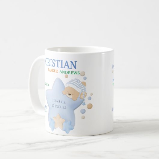 Niedliches Schlafen Teddy Bear Baby Boy Birth Stat Kaffeetasse (Vorderseite Links)