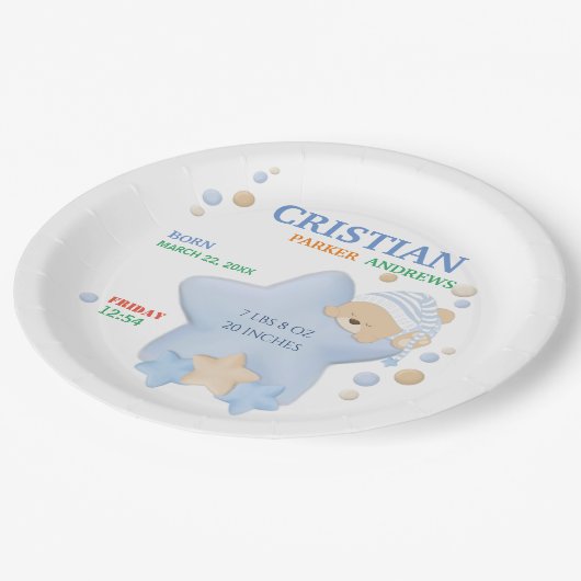 Niedliches Schlafen Teddy Bear Baby Boy Birth Stat Pappteller (Schrägansicht)