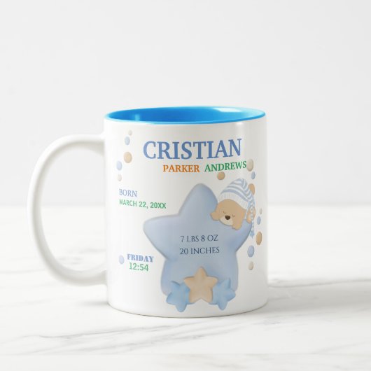 Niedliches Schlafen Teddy Bear Baby Boy Birth Stat Zweifarbige Tasse (Links)