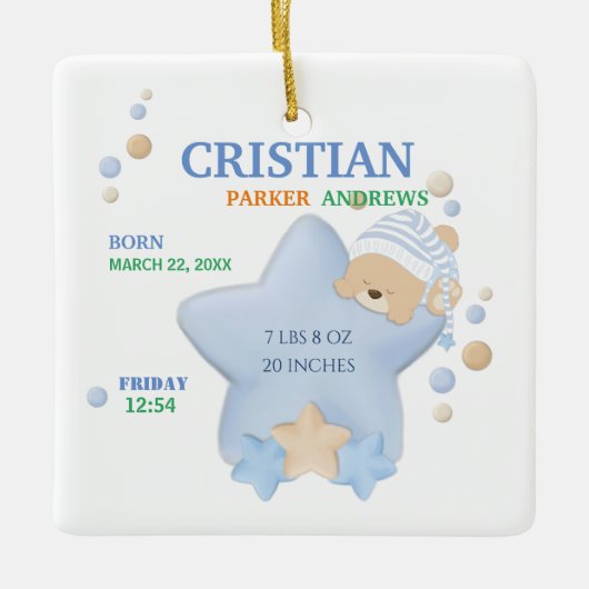 Niedliches Schlafen Teddy Bear Baby Boy Geburtsstu Keramikornament (Vorderseite)