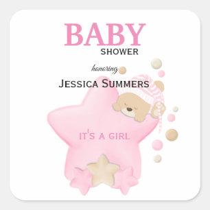 Niedliches Schlafen Teddy Bear Baby Girl Dusche Sq Quadratischer Aufkleber