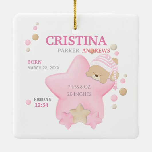 Niedliches Schlafen Teddy Bear Baby Girl Geburtsst Keramikornament (Rückseite)