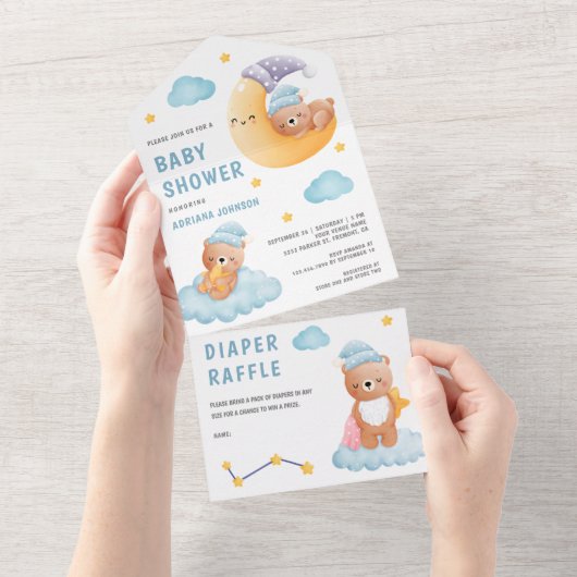 Niedliches Schlafen Teddy Bear Crescent Moon Babyd All In One Einladung (Abreißen)