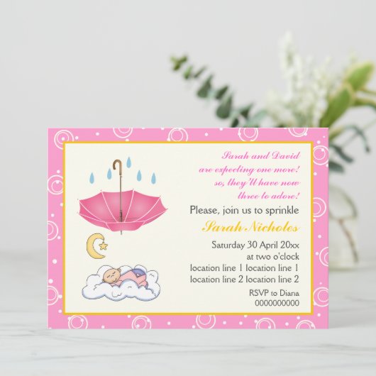 Niedliches schlafendes Baby streuen rosa und gelb Einladung (Stehend Vorderseite)