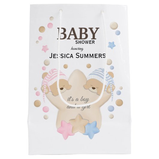 Niedliches Schlafteddy Bear Twins Babydusche Mediu Mittlere Geschenktüte (Rückseite)