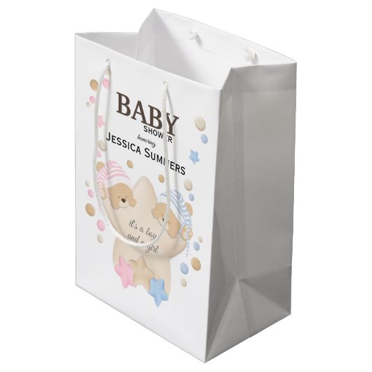 Niedliches Schlafteddy Bear Twins Babydusche Mediu Mittlere Geschenktüte (Rückseite Schrägansicht)