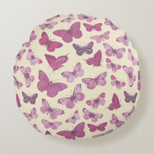 Niedliches Schmetterlingsmuster auf Beige Rundes Kissen (Vorderseite)