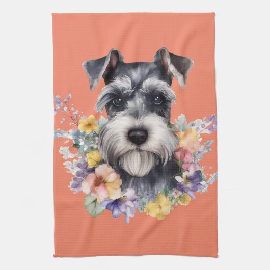 Niedliches Schnauzer-Portrait mit Blume Geschirrtuch (Vertikal)