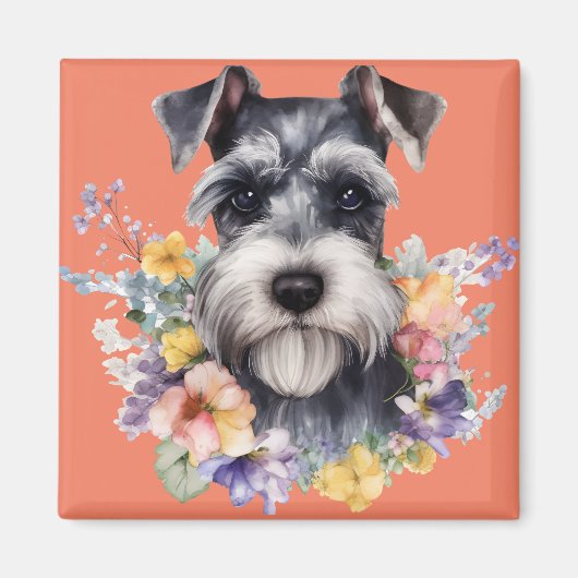 Niedliches Schnauzer-Portrait mit Blume Magnet (Vorne)