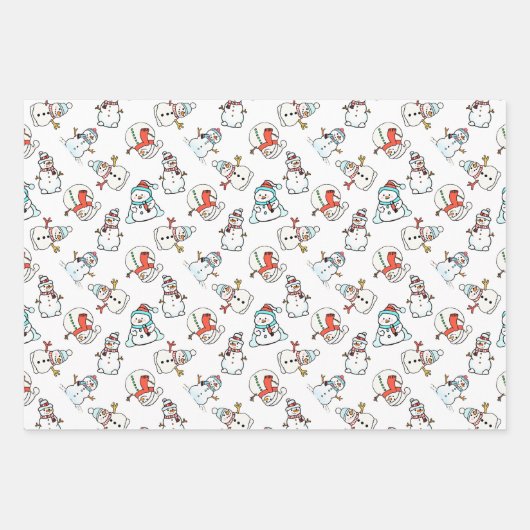 Niedliches Schneemann-Muster - Schwarz, Weiß und R Geschenkpapier Set (Vorderseite 2)