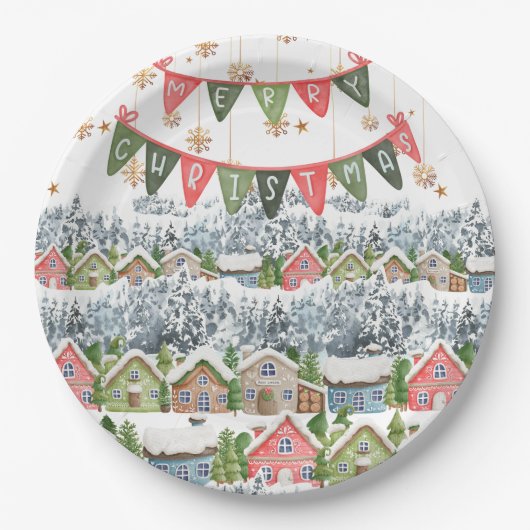 Niedliches Schneeweihdorf Pappteller (Vorderseite)