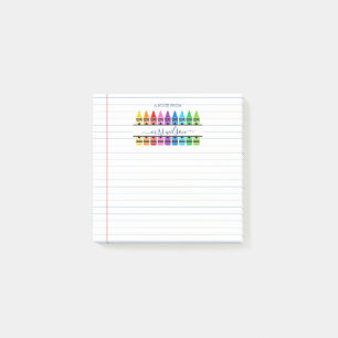 Niedliches Schulbuch mit einem Hinweis des Lehrers Post-it Klebezettel