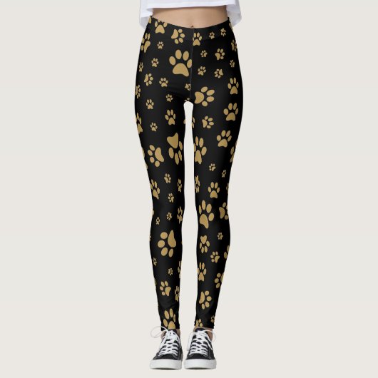 Niedliches Schwarz-Alt-Gold-Paw-Druckmuster Leggings (Vorderseite)