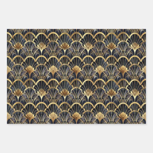 niedliches Schwarz-Gold-Deko-Fliesen-Muster Geschenkpapier Set (Vorderseite 2)