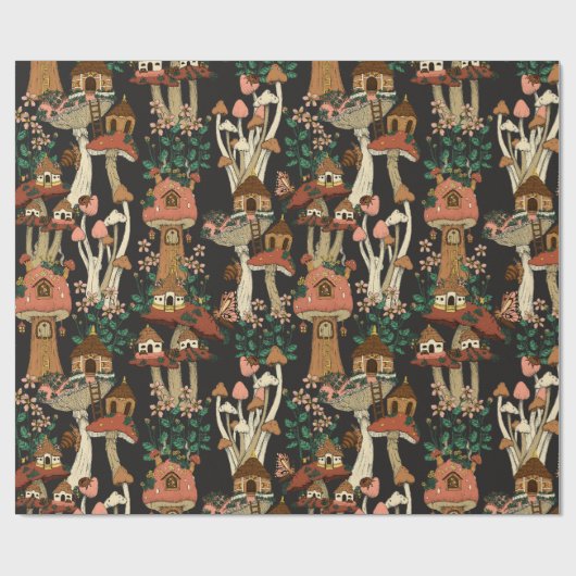 Niedliches Schwarz-Hütte-Core-Mushroom-Muster Geschenkpapier (Flach)