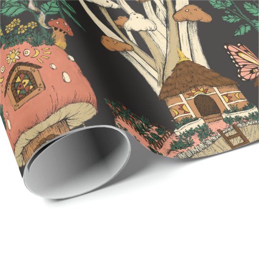 Niedliches Schwarz-Hütte-Core-Mushroom-Muster Geschenkpapier (Rolleneckpunkt)