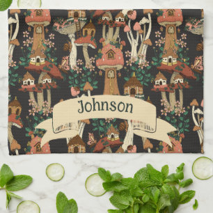 Niedliches Schwarz-Hütte-Core-Mushroom-Muster Geschirrtuch