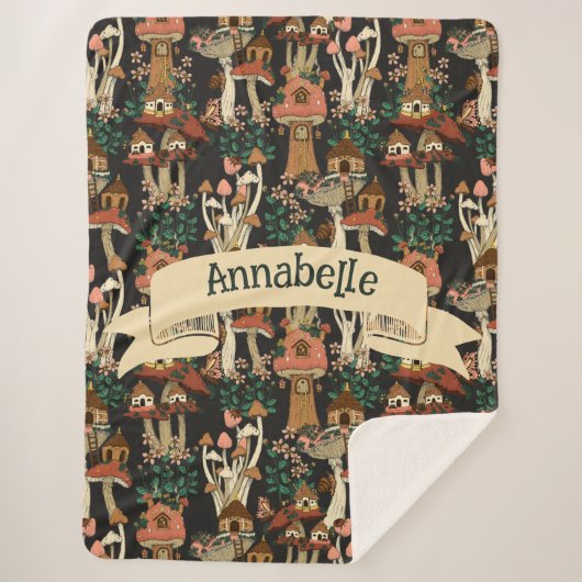 Niedliches Schwarz-Hütte-Core-Mushroom-Muster Sherpadecke (Vorderseite)