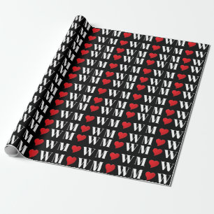 Niedliches, schwarz-rotes Herz-Zierpaar Initialen Geschenkpapier