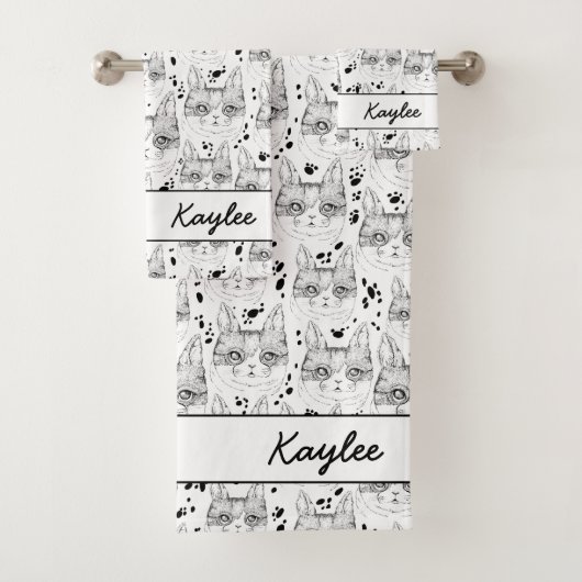Niedliches Schwarz-Weiß-Katzengeflecht Badhandtuch Set (Insitu)
