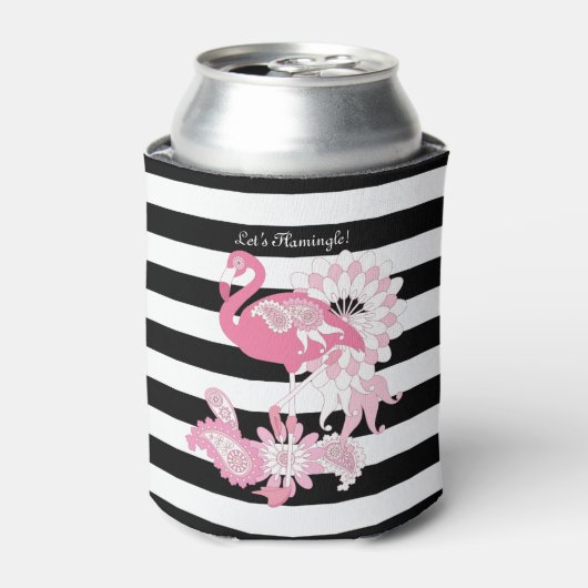 Niedliches Schwarz-Weiß-Streifen Pink Flamingo Dosenkühler (Kanne Vorderseite)