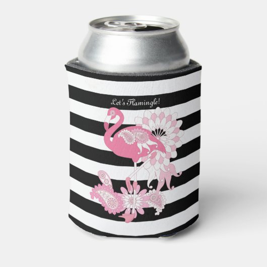 Niedliches Schwarz-Weiß-Streifen Pink Flamingo Dosenkühler (Kanne Rückseite)