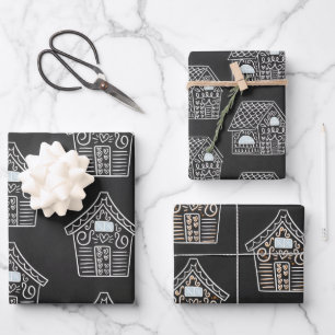 Niedliches Schwarz-weißes GingerBroad House Weihna Geschenkpapier Set