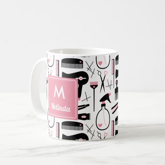 Niedliches Schwarz-weißes Haarstempel-Monogramm Kaffeetasse (Vorderseite Links)